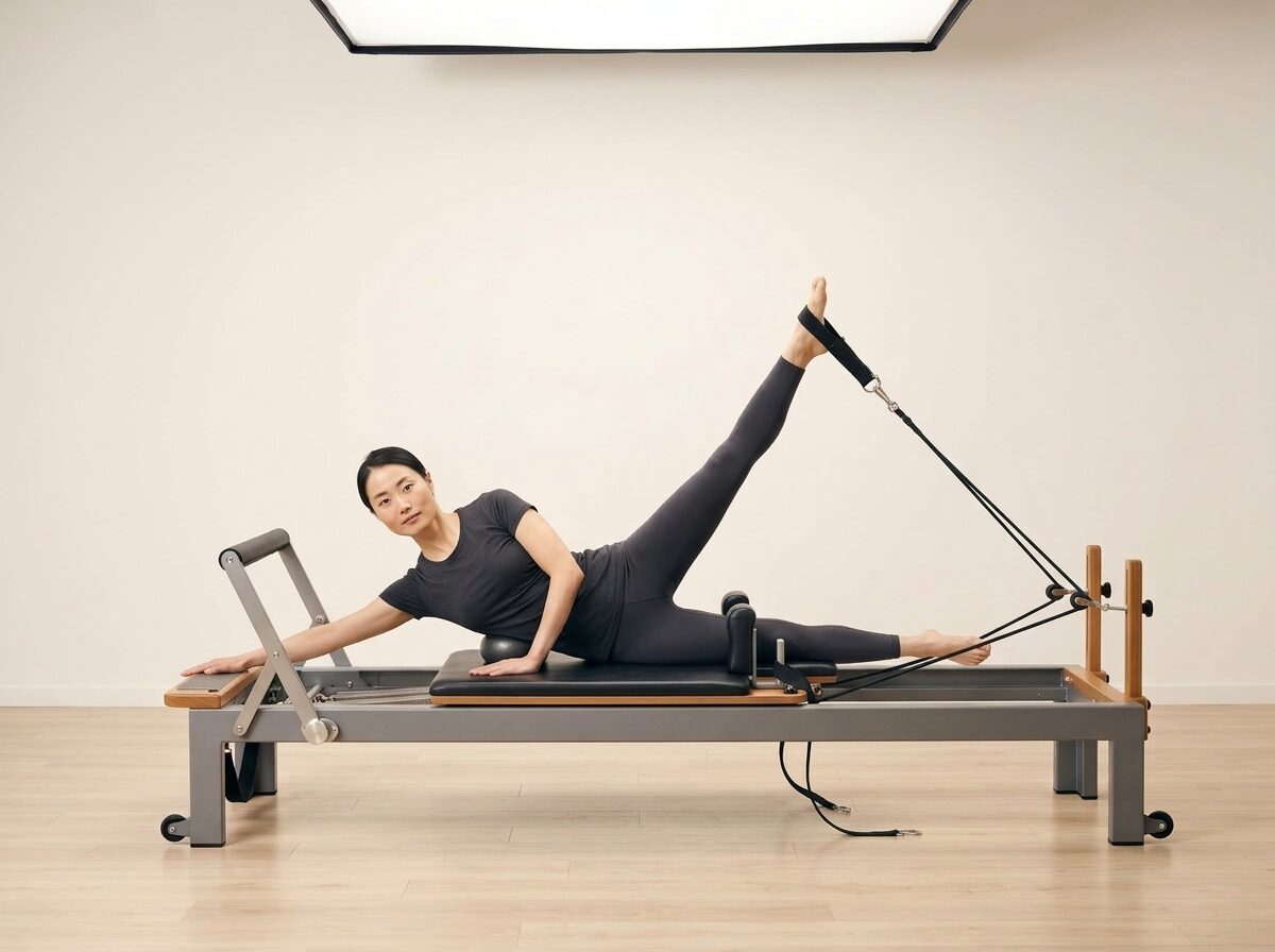 AI-generated illustration: an instructor performing Reformer Star, on a Reformer, springs set to 1 medium spring, footbar Medium, headrest Medium, using Small Ball. Illustrative only — the schematic diagram above shows the movement.