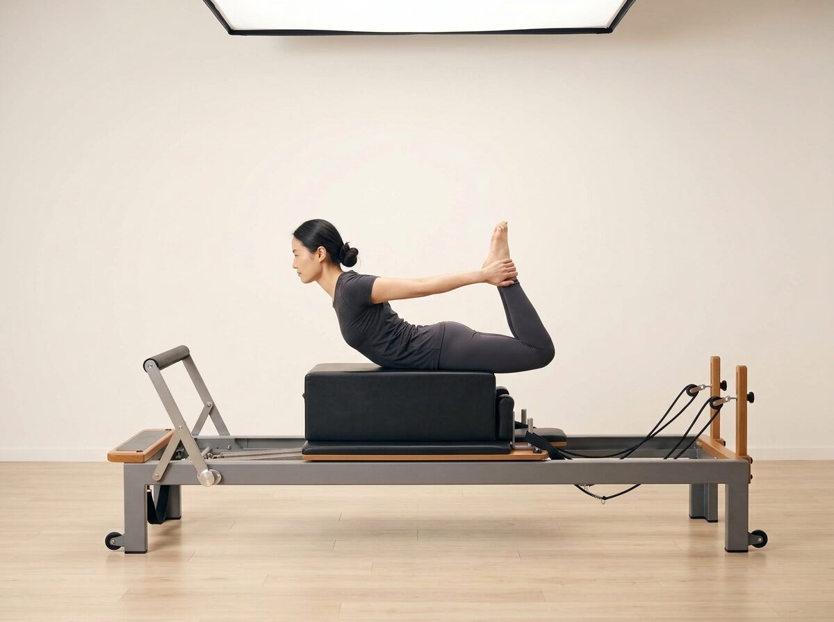 AI-generated illustration: an instructor performing Rocking, on a Reformer, springs set to 1 medium or 1 strong spring, footbar High, headrest Down, using Sitting Box and Long Box. Illustrative only — the schematic diagram above shows the movement.