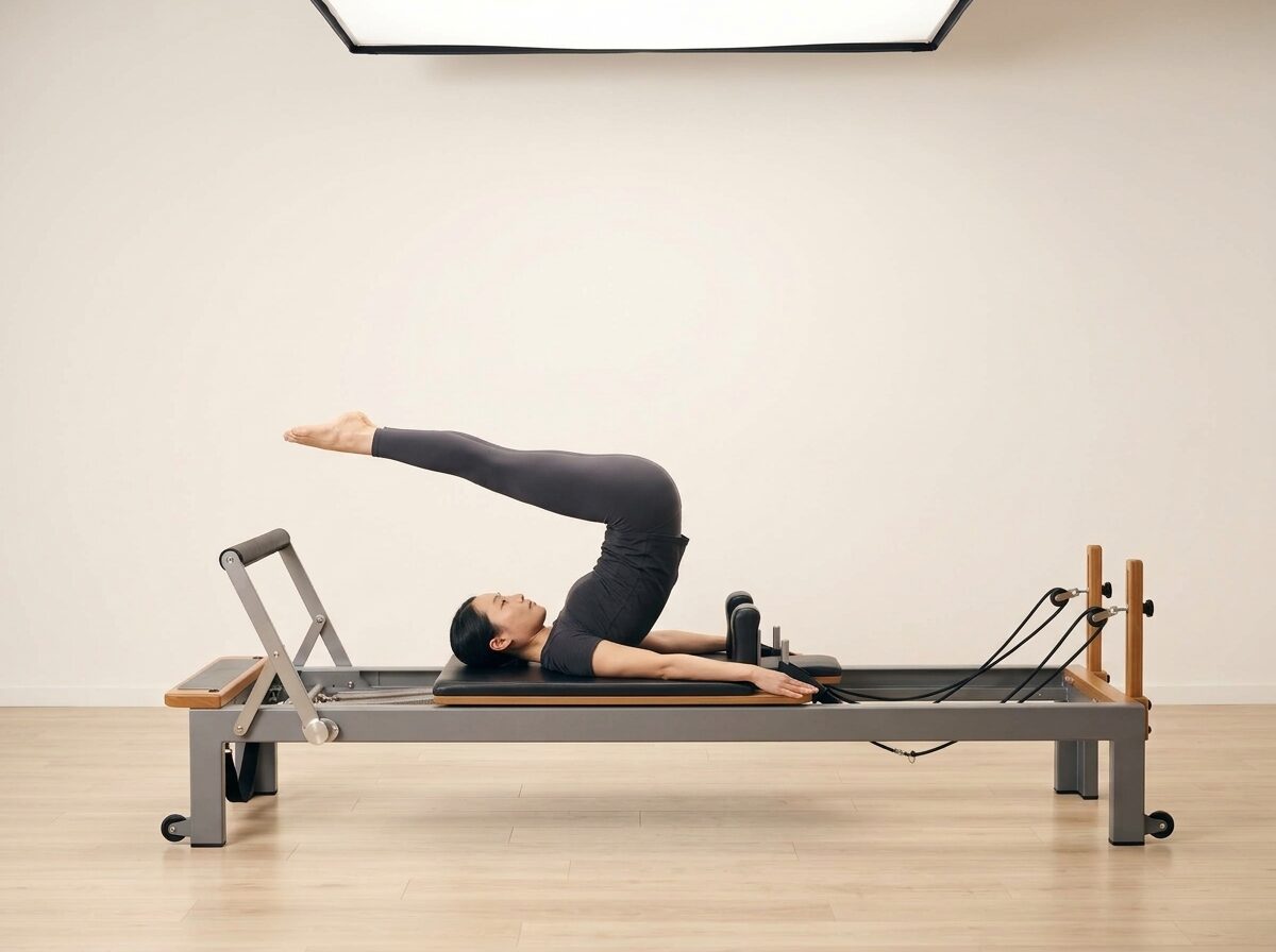 AI-generated illustration: an instructor performing Roll Over, on a Reformer, springs set to 1 medium or 1 light spring, footbar Down, headrest Down. Illustrative only — the schematic diagram above shows the movement.