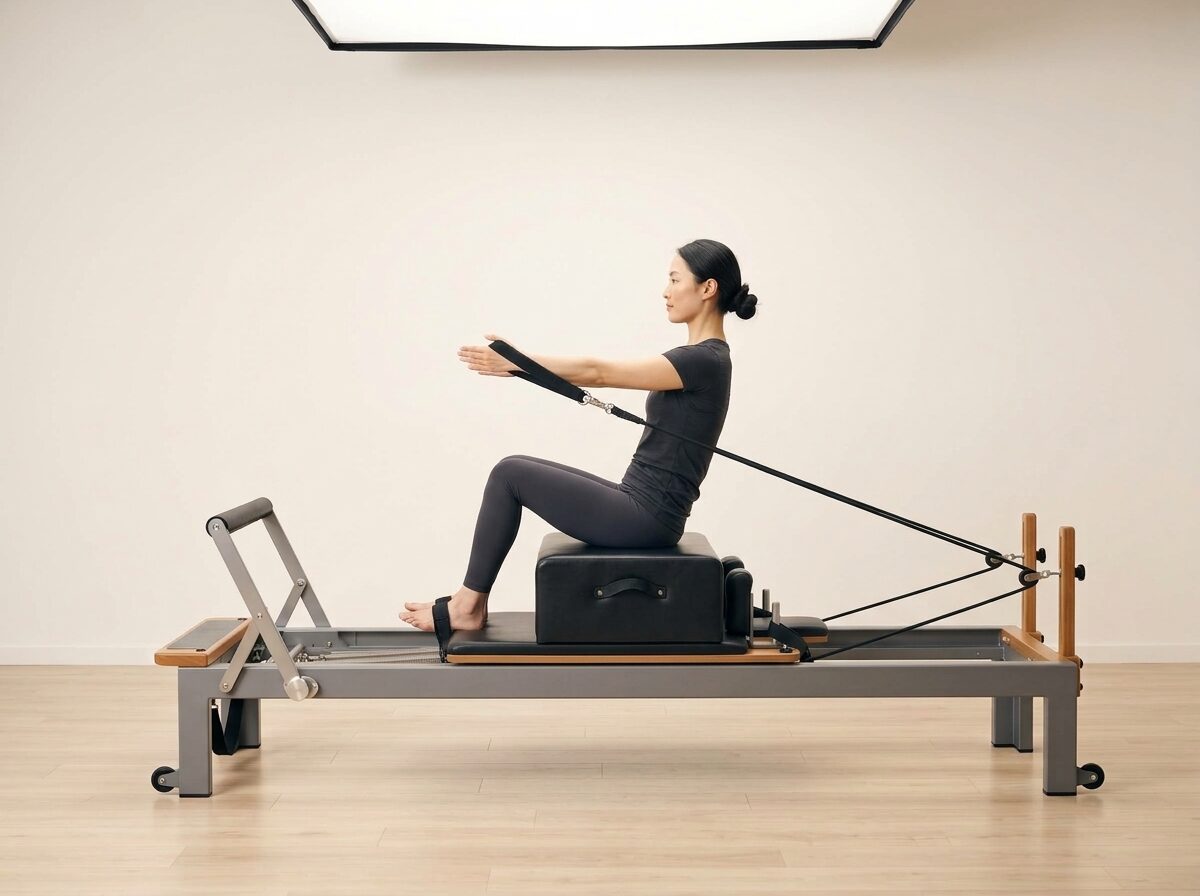 AI-generated illustration: an instructor performing Roll Up, on a Reformer, springs set to 1 medium or 1 strong spring, footbar Medium, headrest Up. Illustrative only — the schematic diagram above shows the movement.