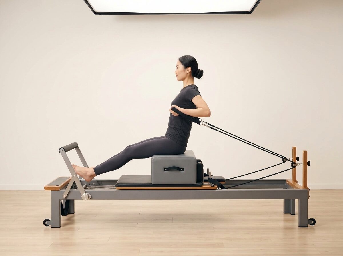 AI-generated illustration: an instructor performing Seated Row: Lats, on a Reformer, springs set to 1-2 strong springs, footbar Medium, headrest Up, using Sitting Box. Illustrative only — the schematic diagram below shows the movement.