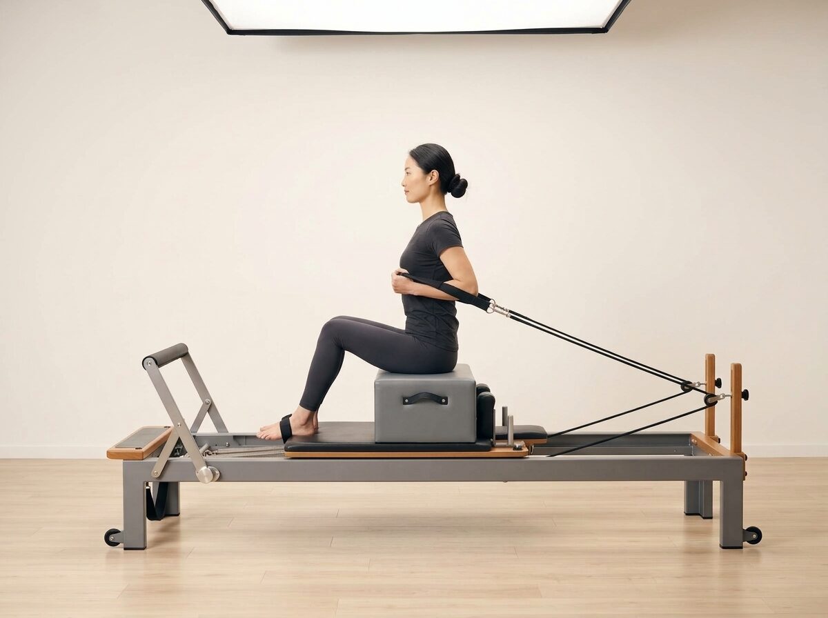 AI-generated illustration: an instructor performing Seated Triceps Press, on a Reformer, springs set to 1 medium or 1 light spring, footbar Down, headrest Down, using Sitting Box. Illustrative only — the schematic diagram below shows the movement.