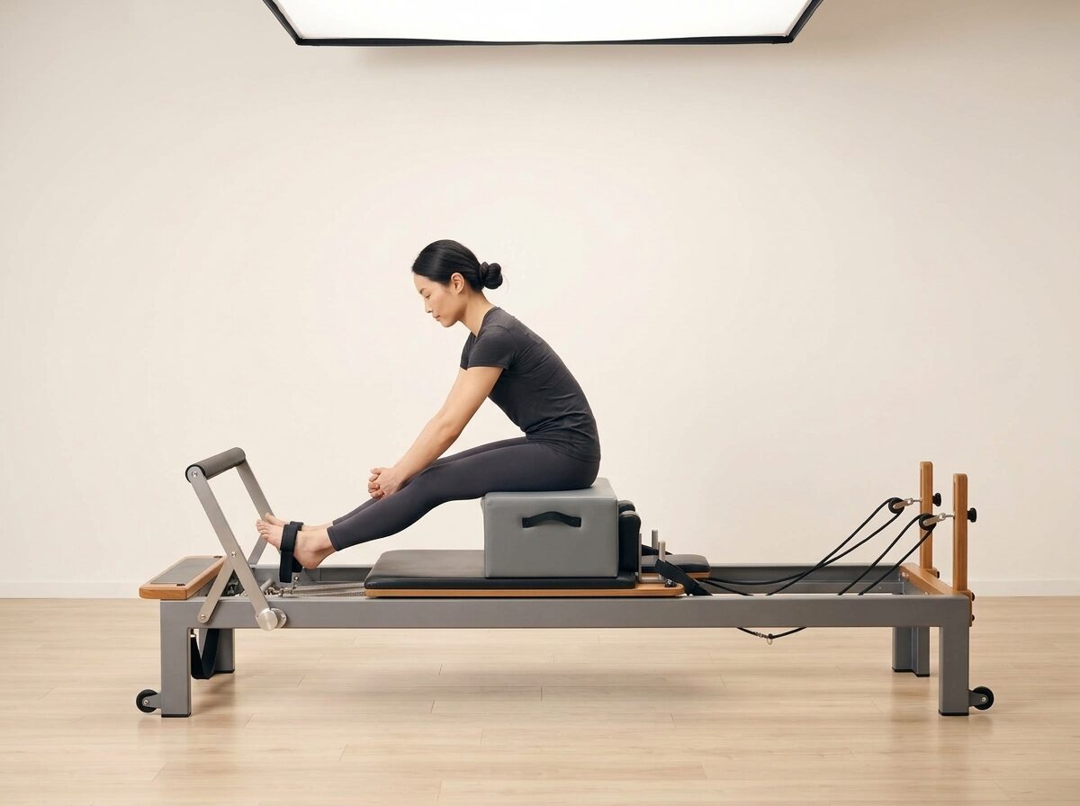 AI-generated illustration: an instructor performing Short Box Series: Climb a Tree, on a Reformer, springs set to 1 strong or 1 medium spring, footbar Down, headrest Down, using Sitting Box. Illustrative only — the schematic diagram above shows the movement.