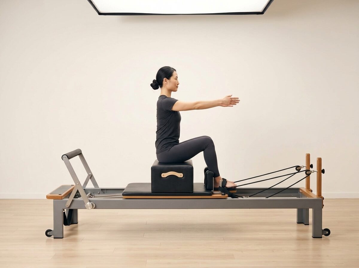 AI-generated illustration: an instructor performing Short Box Series: Flat Back, on a Reformer, springs set to 1 strong or 1 medium spring, footbar Down, headrest Down, using Sitting Box. Illustrative only — the schematic diagram above shows the movement.