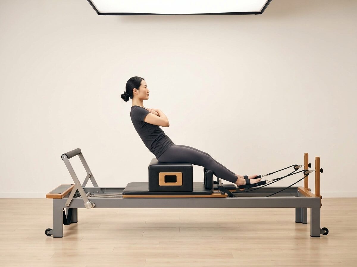 AI-generated illustration: an instructor performing Short Box Series: Round Back, on a Reformer, springs set to 1 strong or 1 medium spring, footbar Down, headrest Down, using Sitting Box. Illustrative only — the schematic diagram above shows the movement.