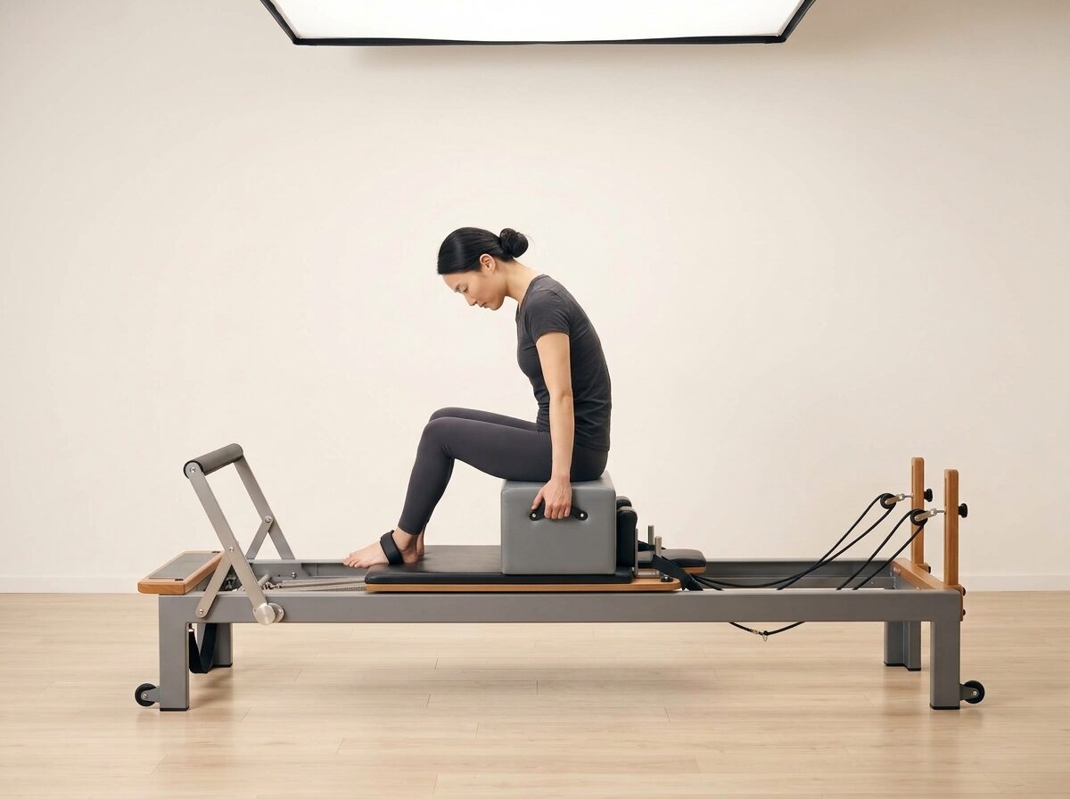 AI-generated illustration: an instructor performing Short Box Series: Semi-Circle, on a Reformer, springs set to 1 strong or 1 medium spring, footbar Down, headrest Down, using Sitting Box. Illustrative only — the schematic diagram above shows the movement.