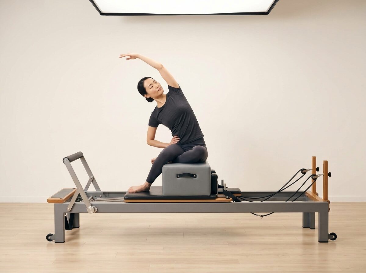 AI-generated illustration: an instructor performing Short Box Series: Side Bend, on a Reformer, springs set to 1 strong or 1 medium spring, footbar Down, headrest Down, using Sitting Box. Illustrative only — the schematic diagram above shows the movement.
