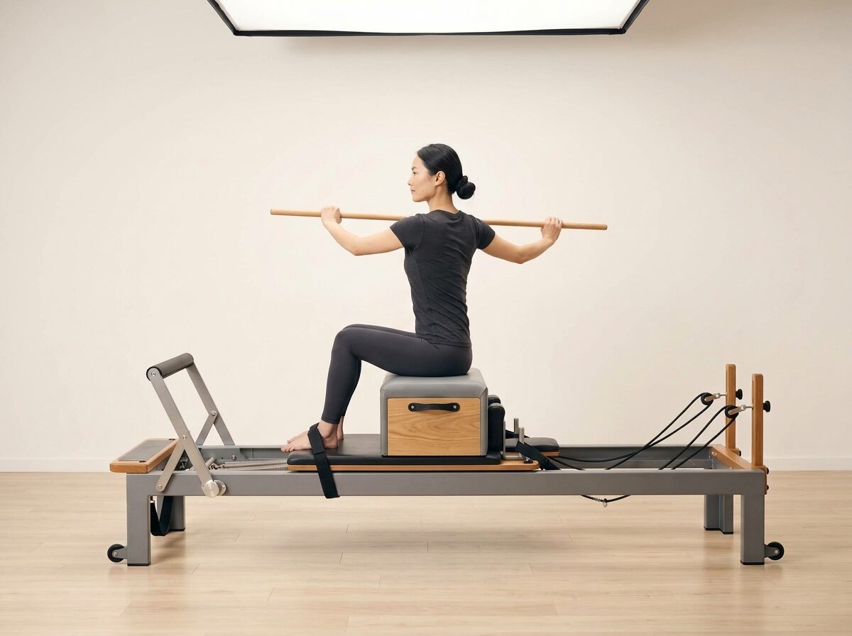 AI-generated illustration: an instructor performing Short Box Series: Twist, on a Reformer, springs set to 1 strong or 1 medium spring, footbar Down, headrest Down, using Sitting Box and Pole. Illustrative only — the schematic diagram above shows the movement.