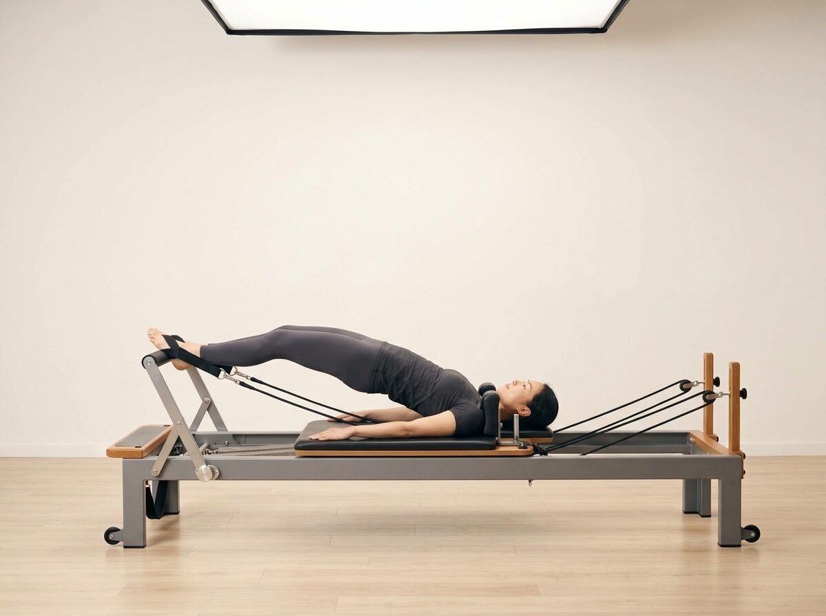 AI-generated illustration: an instructor performing Short Spine, on a Reformer, springs set to 1 strong or 1 medium spring, footbar High, headrest Down. Illustrative only — the schematic diagram above shows the movement.