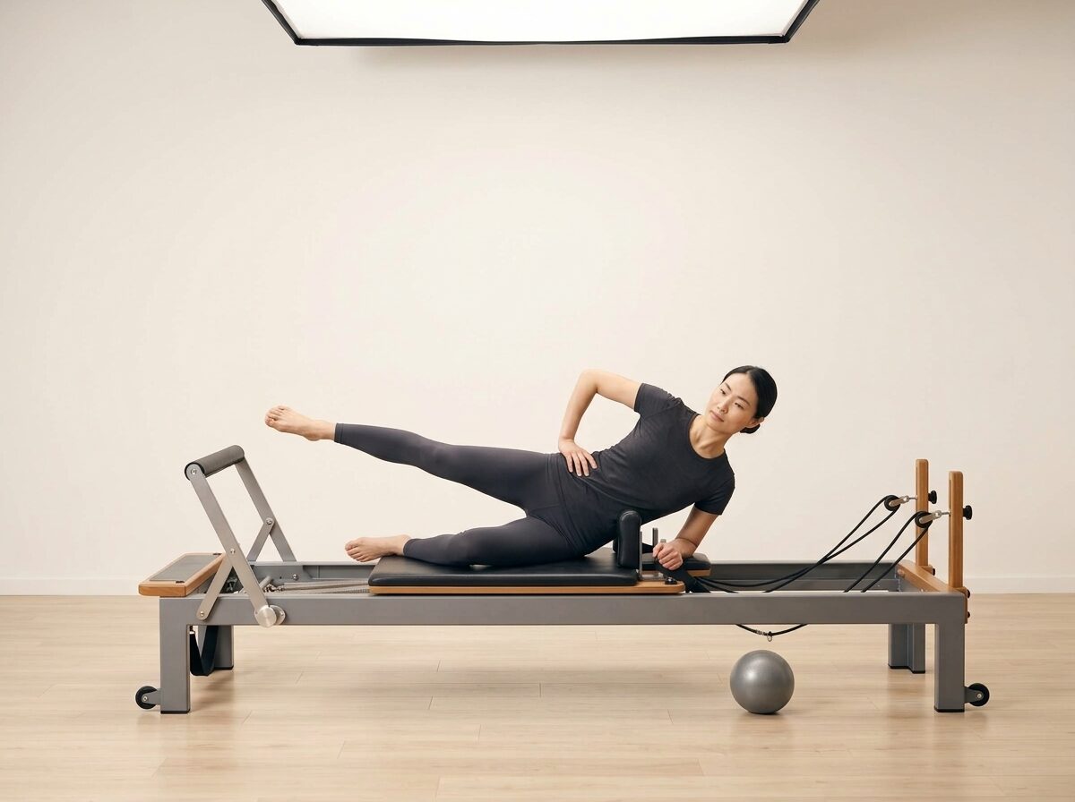 AI-generated illustration: an instructor performing Side Kicks, on a Reformer, springs set to 1 medium spring, footbar Medium, headrest Medium, using Small Ball. Illustrative only — the schematic diagram above shows the movement.