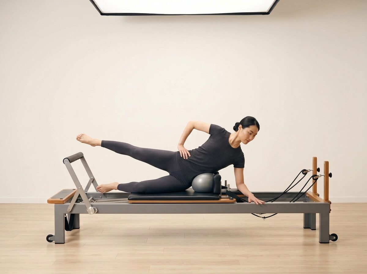 AI-generated illustration: an instructor performing Side-Lying Leg Lift, on a Reformer, springs set to 1 medium spring, footbar Medium, headrest Medium, using Small Ball. Illustrative only — the schematic diagram above shows the movement.