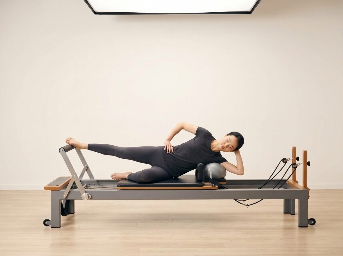 AI-generated illustration: an instructor performing Side-Lying Leg Press, on a Reformer, springs set to 1 light spring, footbar Medium, headrest Down, using Small Ball. Illustrative only — the schematic diagram above shows the movement.