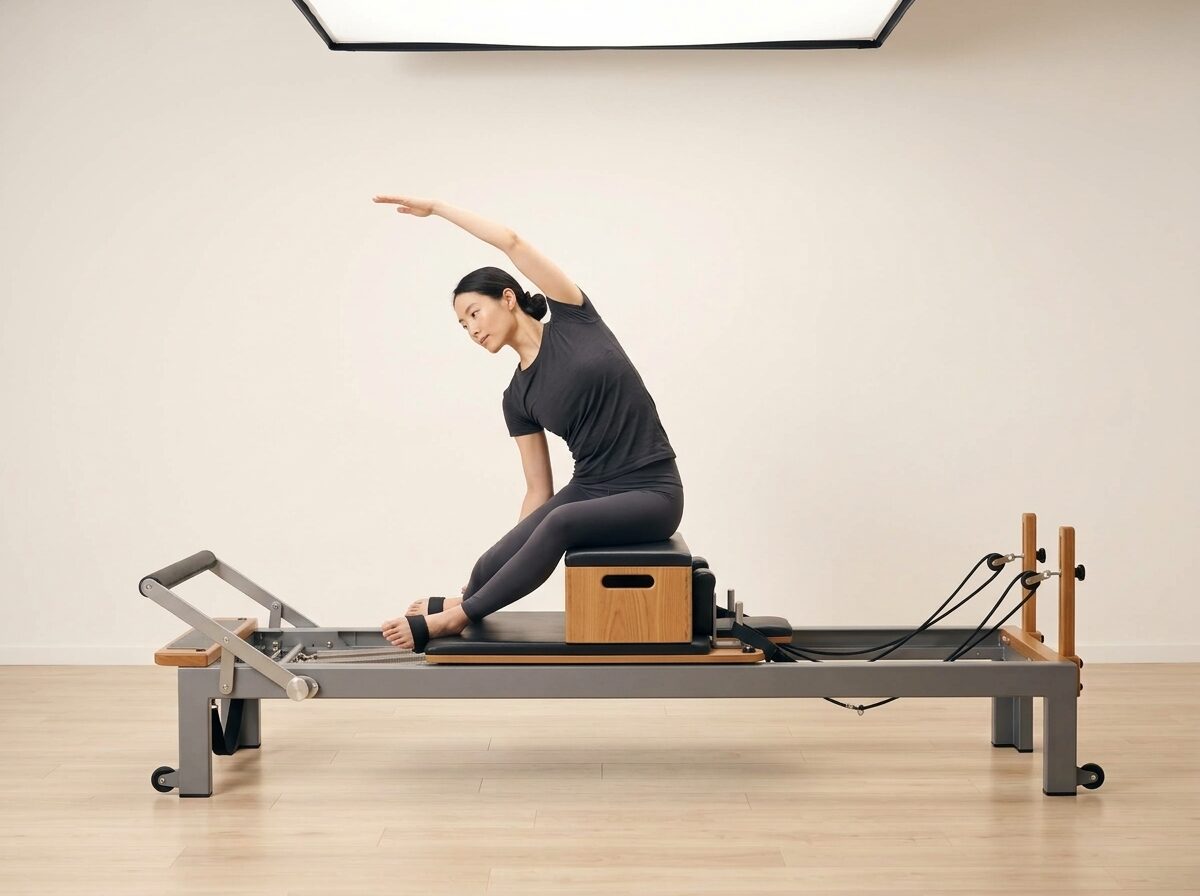 AI-generated illustration: an instructor performing Side Over, on a Reformer, springs set to 1 strong or 1 medium spring, footbar Down, headrest Down, using Sitting Box. Illustrative only — the schematic diagram above shows the movement.