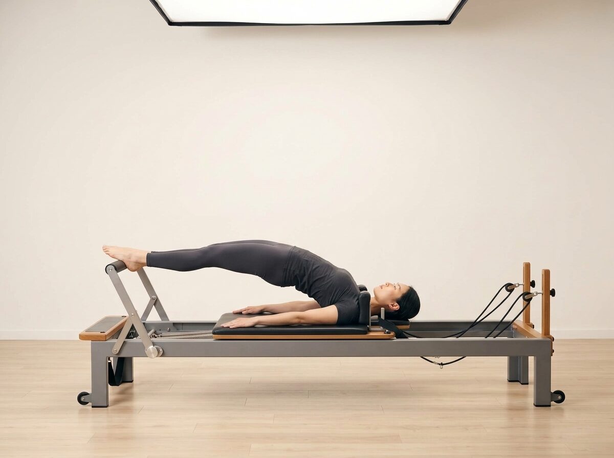 AI-generated illustration: an instructor performing Single Leg Bridge, on a Reformer, springs set to 2 strong or 2 strong + 1 medium springs, footbar Medium, headrest Up. Illustrative only — the schematic diagram above shows the movement.