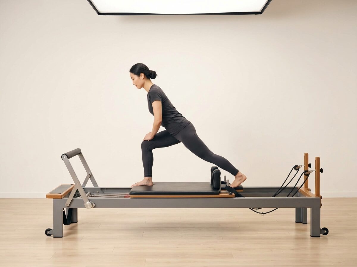 AI-generated illustration: an instructor performing Sprinter Lunge, on a Reformer, springs set to 1 light or 1 medium spring, footbar Medium, headrest Down. Illustrative only — the schematic diagram above shows the movement.