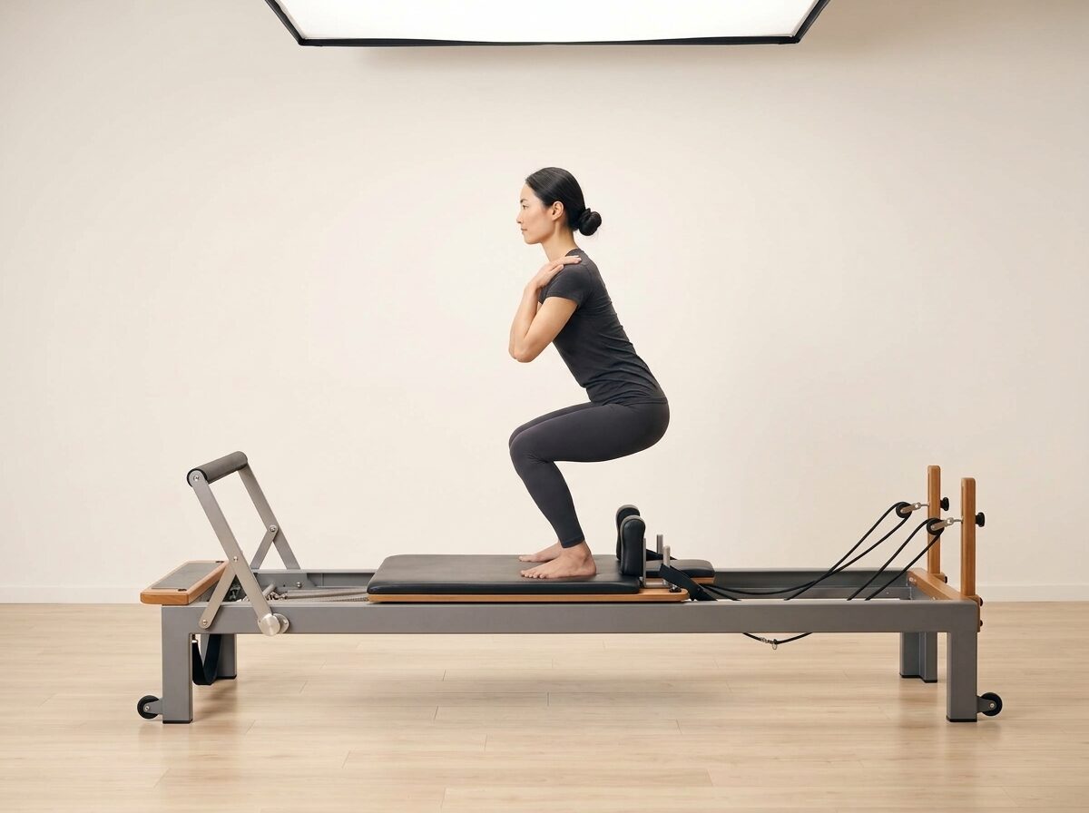 AI-generated illustration: an instructor performing Squat Triceps Pulls, on a Reformer, springs set to 1 medium spring, footbar Down, headrest Down. Illustrative only — the schematic diagram below shows the movement.