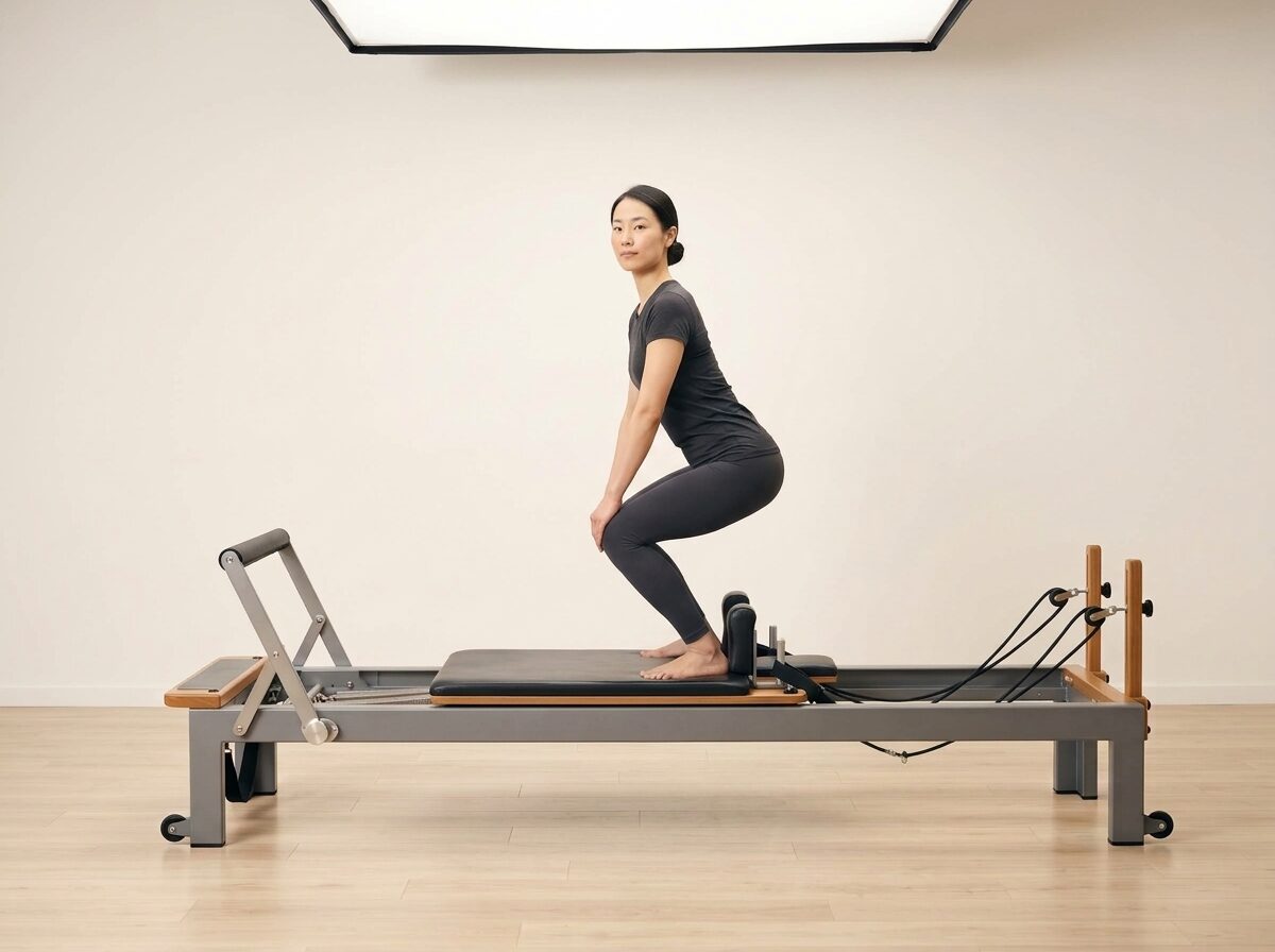 AI-generated illustration: an instructor performing Squat, on a Reformer, springs set to 1-2 strong springs, footbar Low, headrest Down. Illustrative only — the schematic diagram above shows the movement.