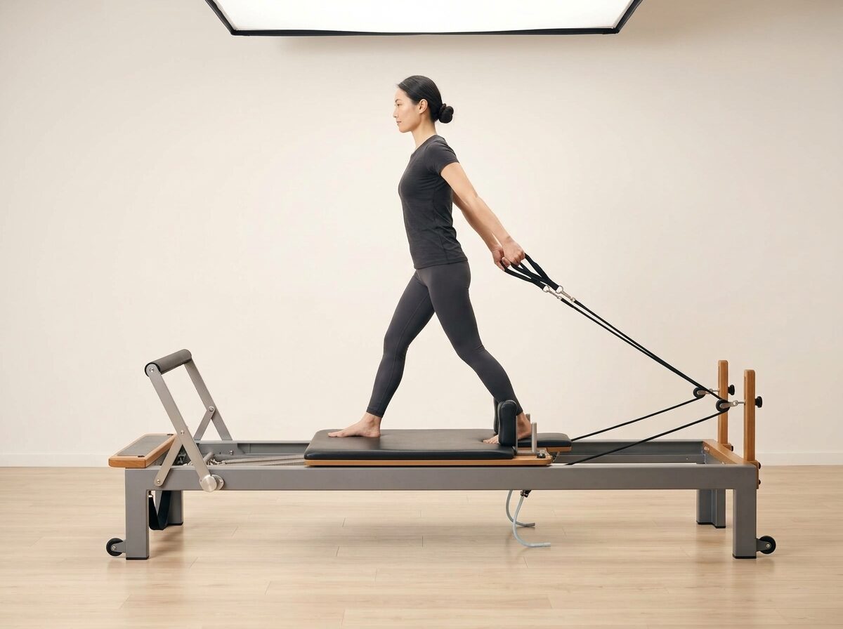 AI-generated illustration: an instructor performing Standing Backstroke, on a Reformer, springs set to 1 light spring, footbar Medium, headrest Down. Illustrative only — the schematic diagram above shows the movement.