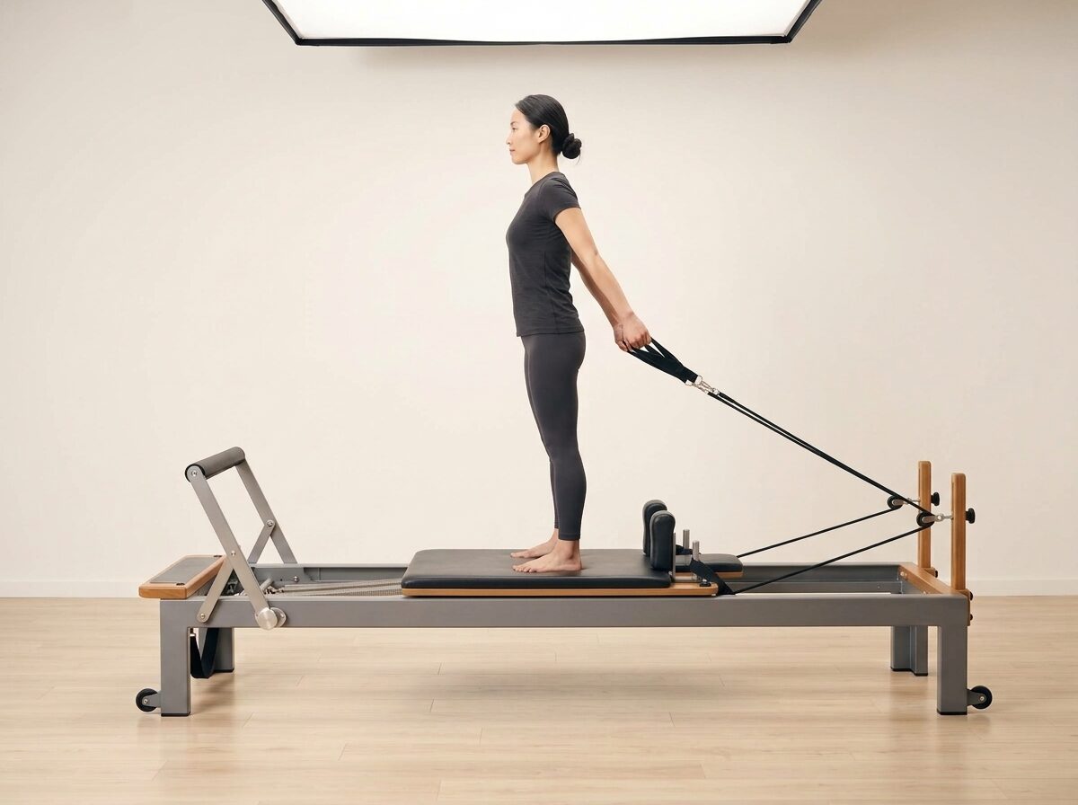 AI-generated illustration: an instructor performing Standing Breaststroke, on a Reformer, springs set to 1 light spring, footbar Medium, headrest Down. Illustrative only — the schematic diagram above shows the movement.