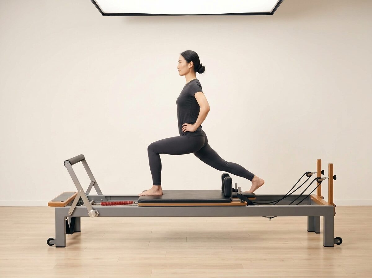 AI-generated illustration: an instructor performing Standing Lunge, on a Reformer, springs set to 1 strong or 1 medium spring, footbar Low, headrest Medium. Illustrative only — the schematic diagram above shows the movement.