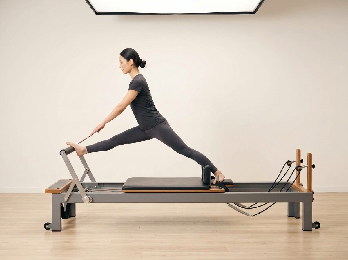 AI-generated illustration: an instructor performing Standing Series: Side Splits, on a Reformer, springs set to 1 light spring, footbar Medium, headrest Medium. Illustrative only — the schematic diagram above shows the movement.