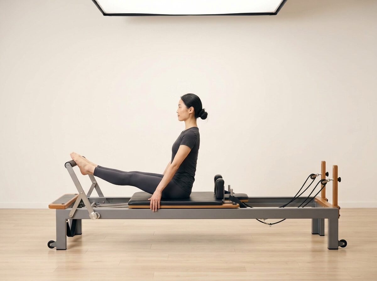AI-generated illustration: an instructor performing Stomach Massage: Flat Back, on a Reformer, springs set to 2-3 strong springs, footbar High, headrest Down. Illustrative only — the schematic diagram above shows the movement.
