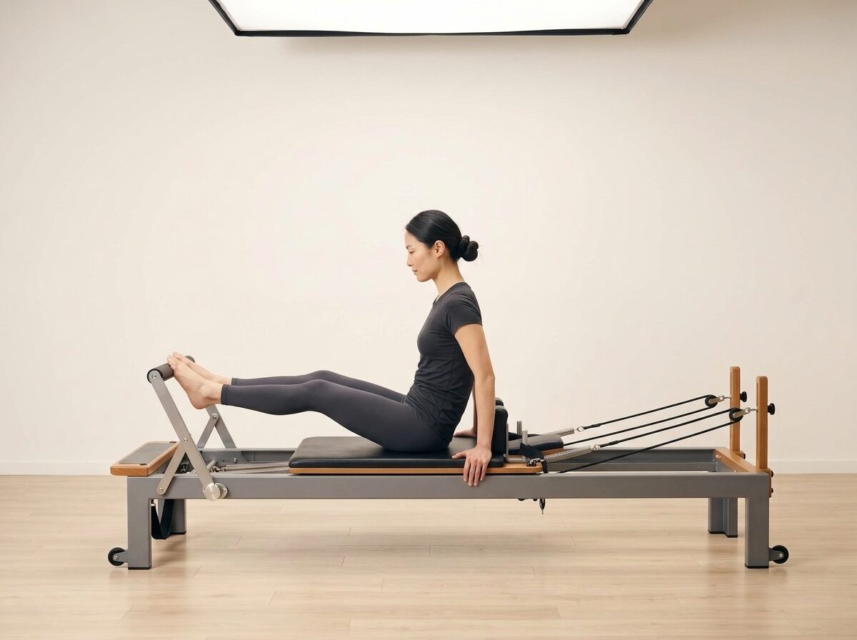 AI-generated illustration: an instructor performing Stomach Massage: Round Back, on a Reformer, springs set to 2-3 strong springs, footbar High, headrest Down. Illustrative only — the schematic diagram above shows the movement.
