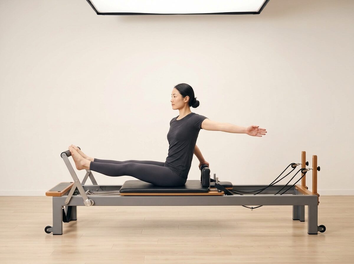 AI-generated illustration: an instructor performing Stomach Massage: Twist, on a Reformer, springs set to 2-3 strong springs, footbar High, headrest Down. Illustrative only — the schematic diagram above shows the movement.