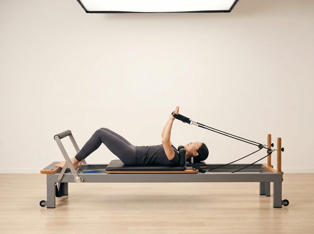 AI-generated illustration: an instructor performing Supine Triceps Press, on a Reformer, springs set to 1 medium or 1 light spring, footbar High, headrest Up. Illustrative only — the schematic diagram below shows the movement.