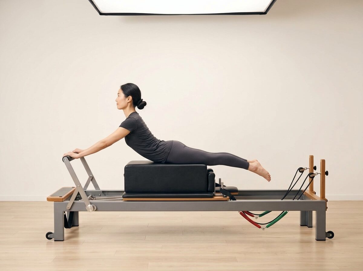 AI-generated illustration: an instructor performing Swan on the Reformer, on a Reformer, springs set to 1 strong or 2 medium springs, footbar High, headrest Down, using Sitting Box and Long Box. Illustrative only — the schematic diagram above shows the movement.