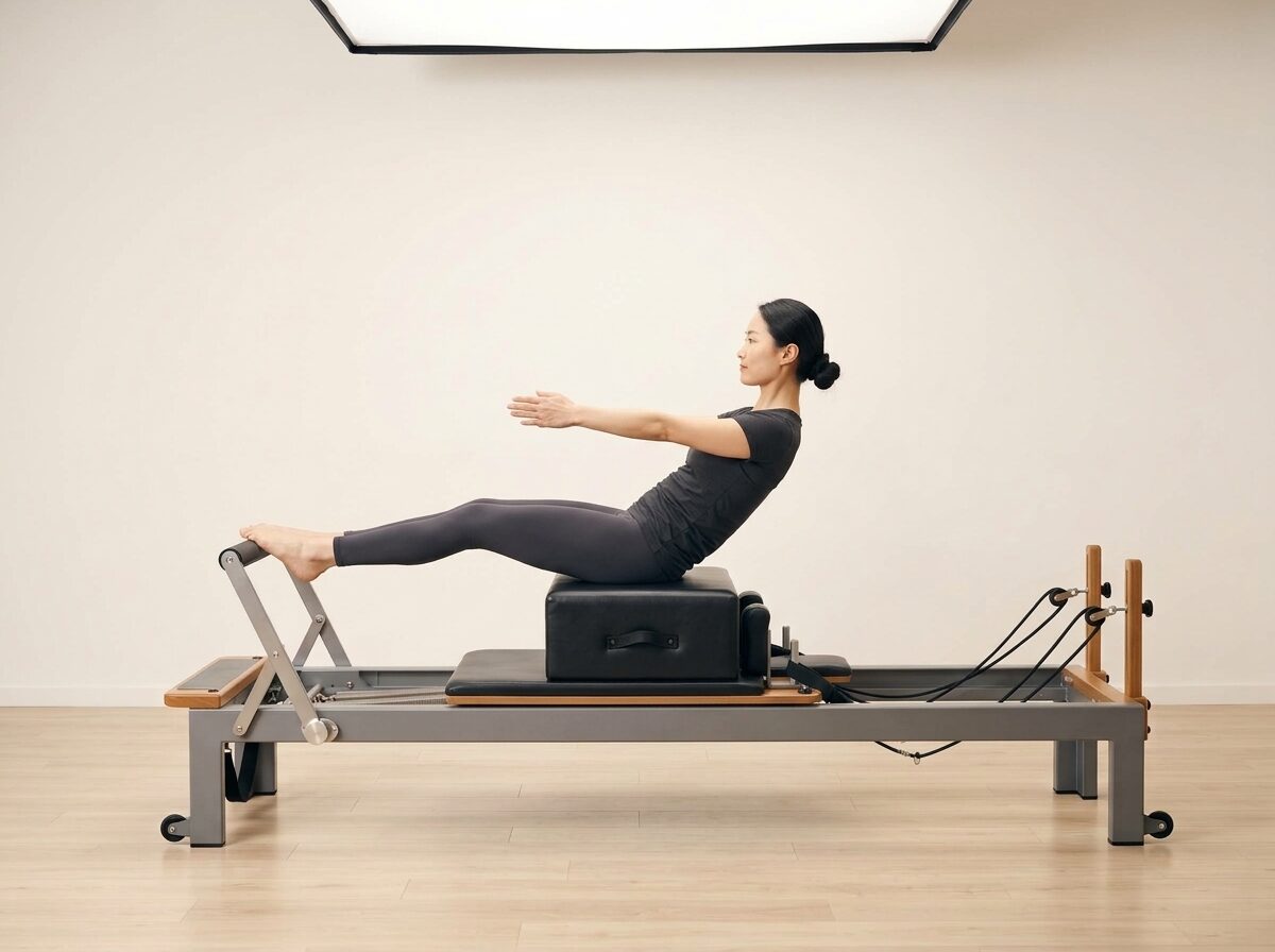 AI-generated illustration: an instructor performing Teaser, on a Reformer, springs set to 1 strong or 1 medium spring, footbar Medium, headrest Down, using Sitting Box and Long Box. Illustrative only — the schematic diagram above shows the movement.
