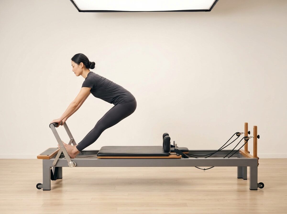 AI-generated illustration: an instructor performing Tendon Stretch, on a Reformer, springs set to 1 strong or 1 medium spring, footbar Low, headrest Down. Illustrative only — the schematic diagram above shows the movement.