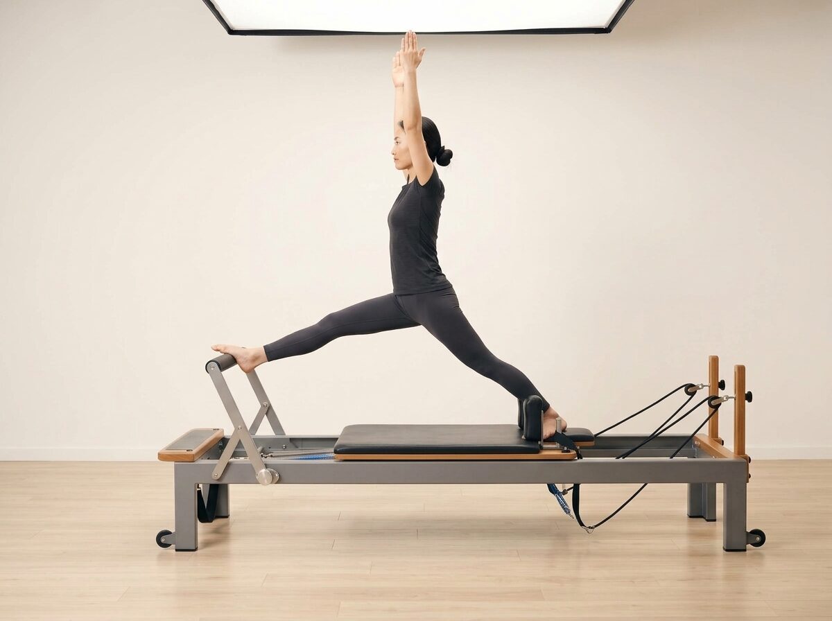 AI-generated illustration: an instructor performing Tree, on a Reformer, springs set to 1 strong or 1 medium spring, footbar Medium, headrest Down. Illustrative only — the schematic diagram above shows the movement.
