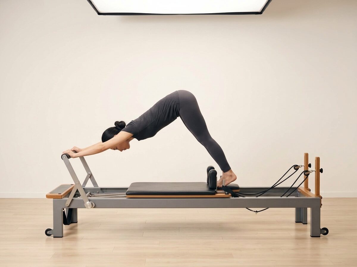 AI-generated illustration: an instructor performing Up Stretch, on a Reformer, springs set to 1-2 strong springs, footbar Down, headrest Down. Illustrative only — the schematic diagram above shows the movement.